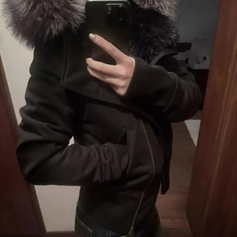American Vintage Y2K Spicy Girl Fur Collar Hooded Sweatshirt Jacket for Women Autumn and Winter Thicken Zipper Short Tops Street 251230