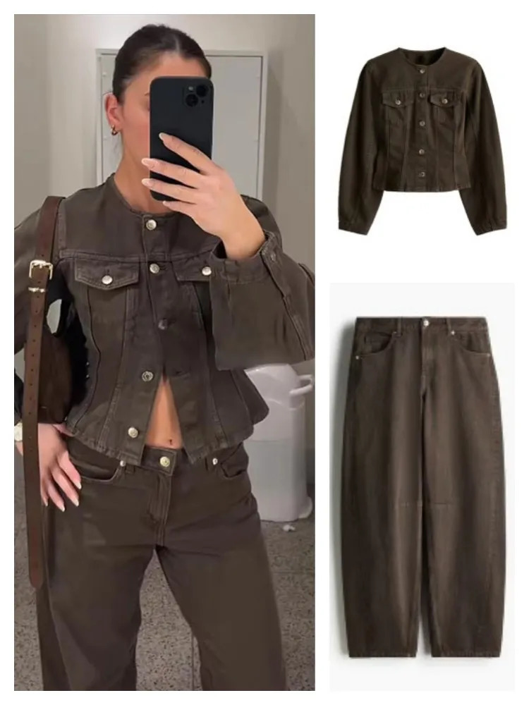 Chic Denim Jacket Long Pant Womans Set Classic Brown Single Breasted Jackets Low Waist Trousers Sets Female Street Outfits 251219
