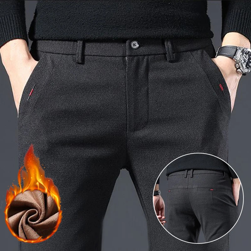 Fashion Men Winter Warm Casual Suit Pants Male Fleece Lined Thickened Blazer Breathable Cold Protection Black Trousers 251226 36