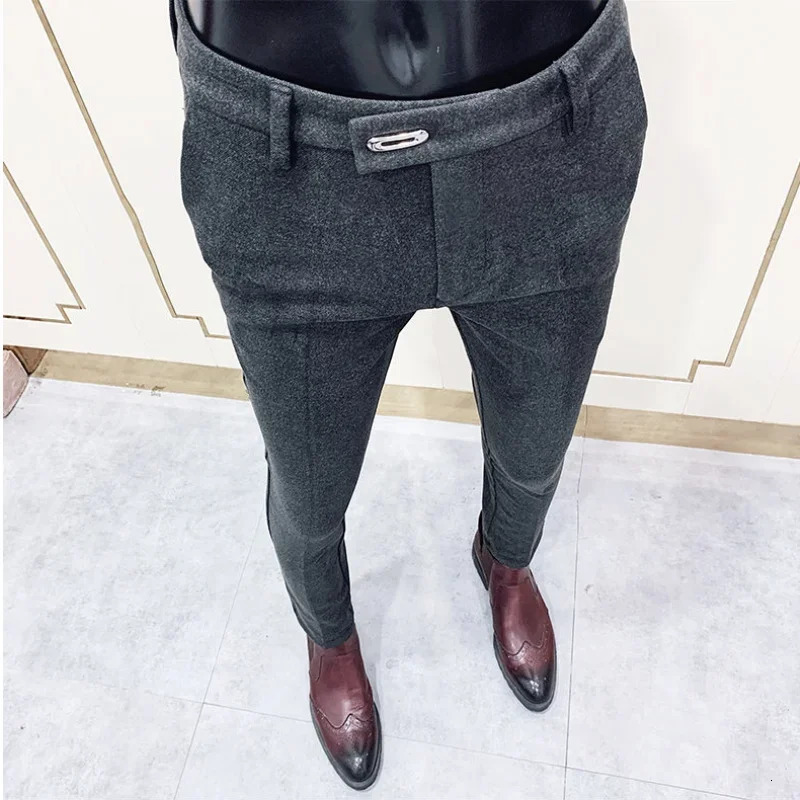 Autumn Winter Mens Dress Pants Woolen Thick Warm Suit Black Gray Casual High Quality Slim Fit Business Cigarette Trousers 251226