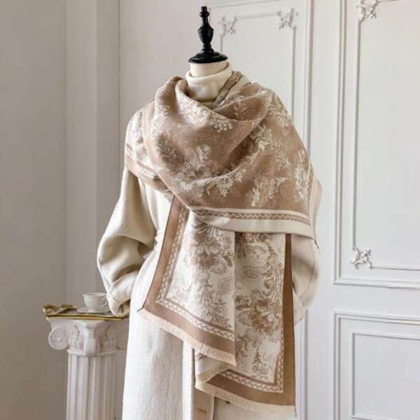 2026 Autumn Floral New European American Style Jacquard Embroidered Cashmere Like Thick Scarf for Fashionable Outerwear and Overcoat
