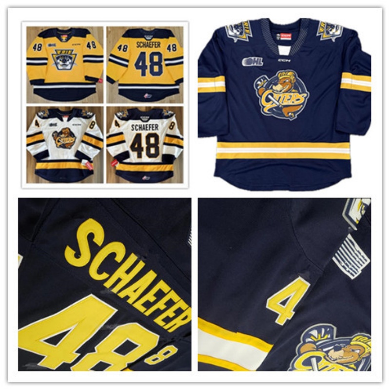 CCM Matthew Schaefer Erie Otters Maillot de hockey personnalisé rare jeu pour hommes porté CHL OHL maillots à domicile blanc bleu jaune pour homm
