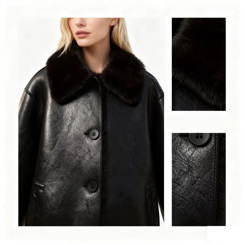 INQFEIR Faux Leather Jacket for Women Fuzzy Collar Button Down Short Coat Vintage Style Outerwear for Fall Winter 251231BJ