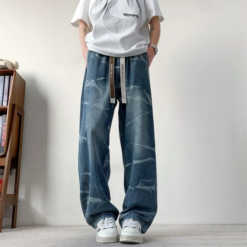 Mens Spring And Autumn Zebra Pattern Tie Dyeing American Retro Jeans Fashion Loose Water Washed Drawstring Casual Long Pants 251231 6f