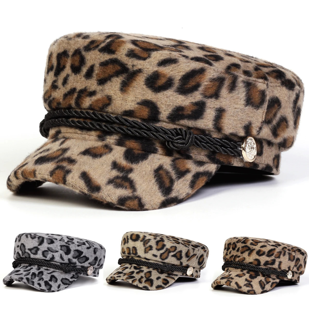 Unisex Plush Leopard Print Navy Cap Autumn Winter Sailor Hats Beret Hat Men Flat Top Captain Military Caps 251230