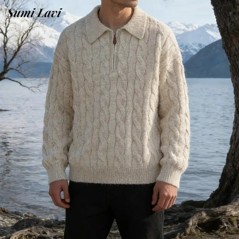 Vintage Twist Knitting Sweaters Men Winter Leisure Solid Color Zip up Lapel Knitted Polo Shirts Mens Stylish Pullover Tops 251230
