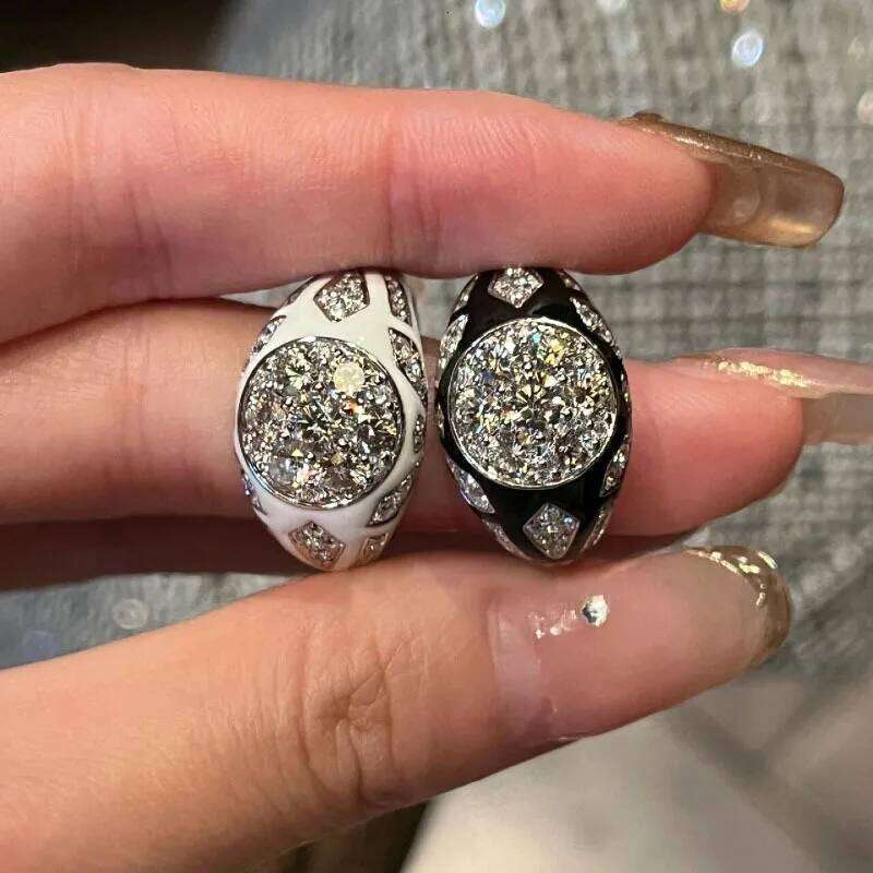 Light luxury silver 925 black enamel color blocked diamond inlaid circular fashion and elegant vintage ring wedding jewelry