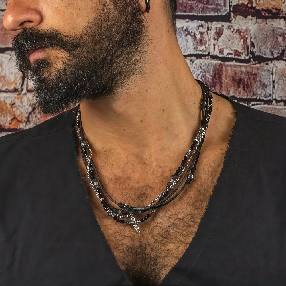 Pendant Necklaces Retro Men Multilayer Leather Necklace Black Agate Beaded Necklace Bohemian Party Jewelry Accessories Gifts 251230