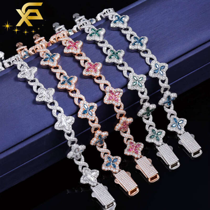 Lucky 13mm Clover 18k Gold Plated 925 Silver Hip Hop Iced Out Pink Green Blue VVS Moissanite Chrysolite Bracelet Gift