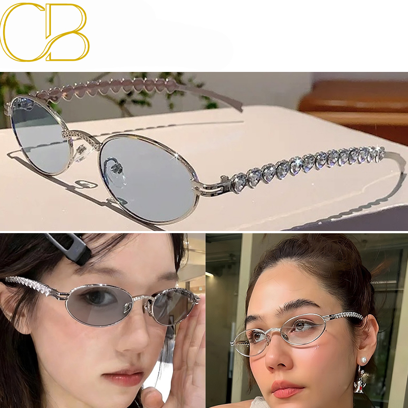 Jennie OOTD Small Oval Y2K Sunglasses Rhinestone UV400 Beach Vacations Retro Glasses Women Diamond Luxury Party Essential Chic Upgrade, CB Fashion A