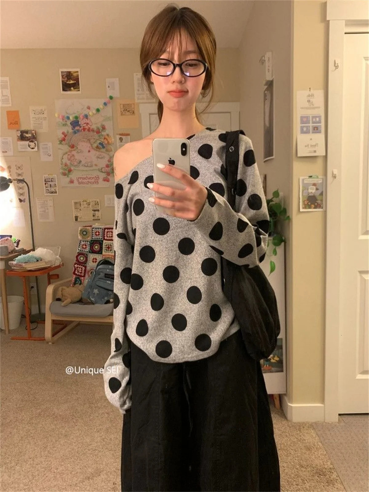 2026 Autumn Lazy Style Womens T Shirt Vintage Wave Point O-neck Knitted Pullover Y2k Harajuku E-girls Black Tops Women 251231