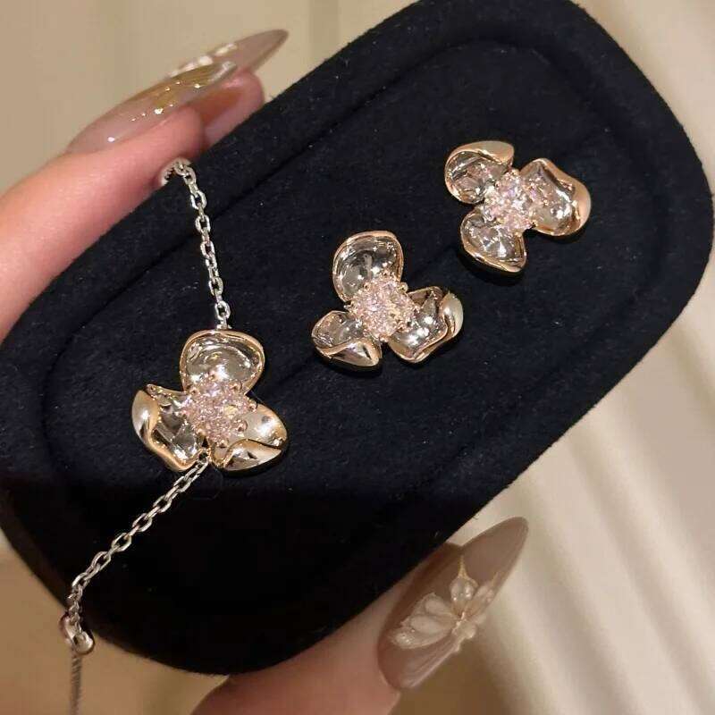Boucles d'oreilles muguet en diamant rose carré, ensemble de bijoux en argent 925 incrusté de fleurs brillantes, doux et exquis, pour mariage