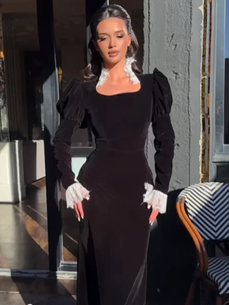 Chic Lace Patchwork Velvet Long Dress Womens Square Collar Full Sleeves Waist Cinching Dresses 2026 Lady Evening Party Vestidos 251230