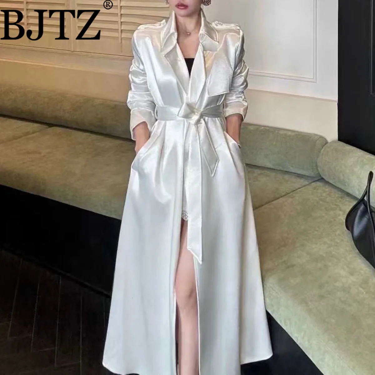 BJTZ Satin Reflection Niche Trench Jacket For Woman 2025 Autumn Laceup Waist Loose Fit Female Fashion Outwears 251216