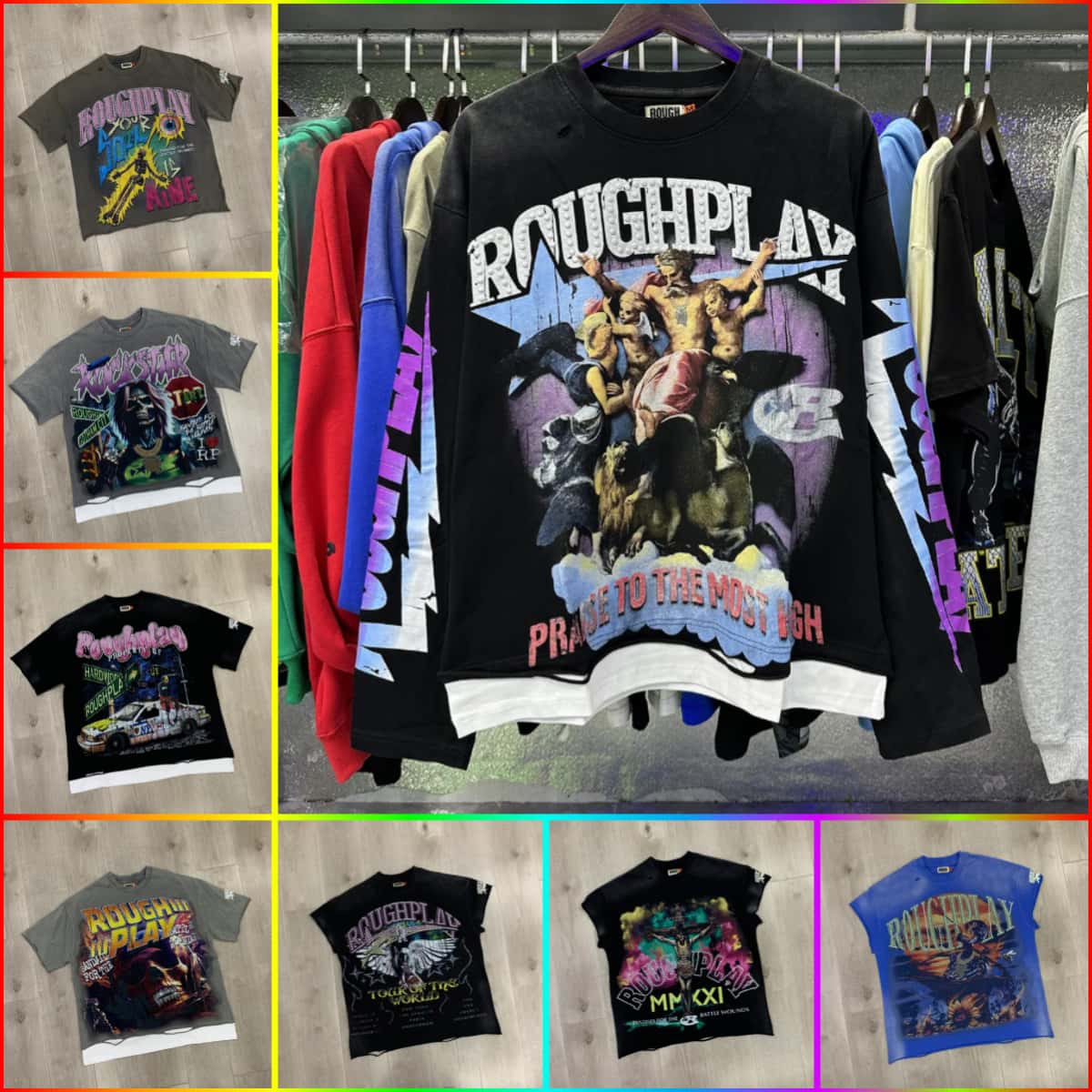 roughplay t shirt roughplay hoodie men's long-sleeved tees roughplay printed high street trend casual fashion faux two men's and women&