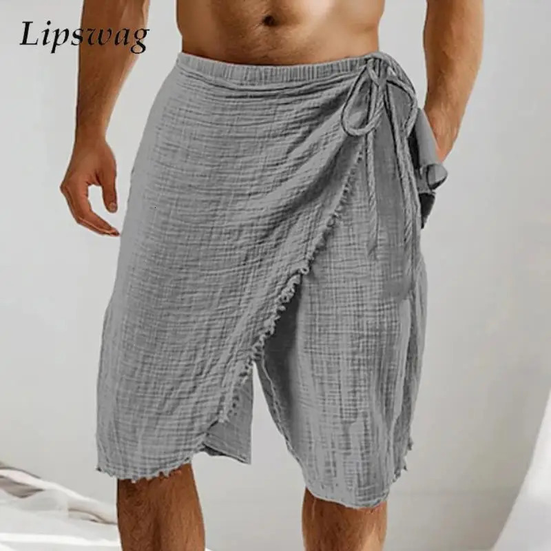 Boho Mens Linen Shorts Seaside Beach Casual Breathable Solid Color Drawstring Men Summer Vintage Irregular Loose 251231