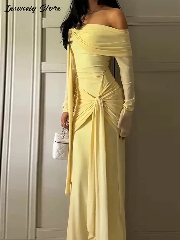 Elegant Solid Lace Up Dress Womens Off The Shoulder Long Sleeve Draped Dresses 2026 Spring Female Chic Party Robes 251230