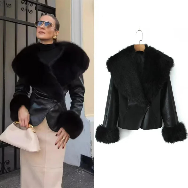 Womens Jacket Autumn Style Black Long-Sleeve Jacket with Large Fur Collar Decorative Faux Leather and Waist-Cinching 251231BJ
