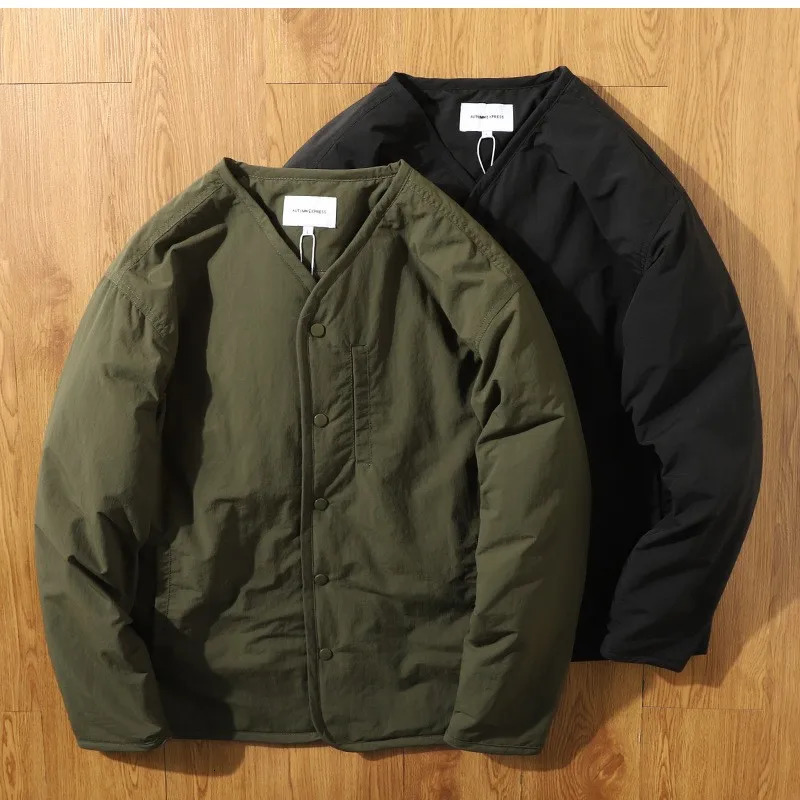 Japanese Vintage Workwear Quilted Men Jacket Collarless Snap Button Windproof Coat Man Cotton Padded Winter Jackets 251226