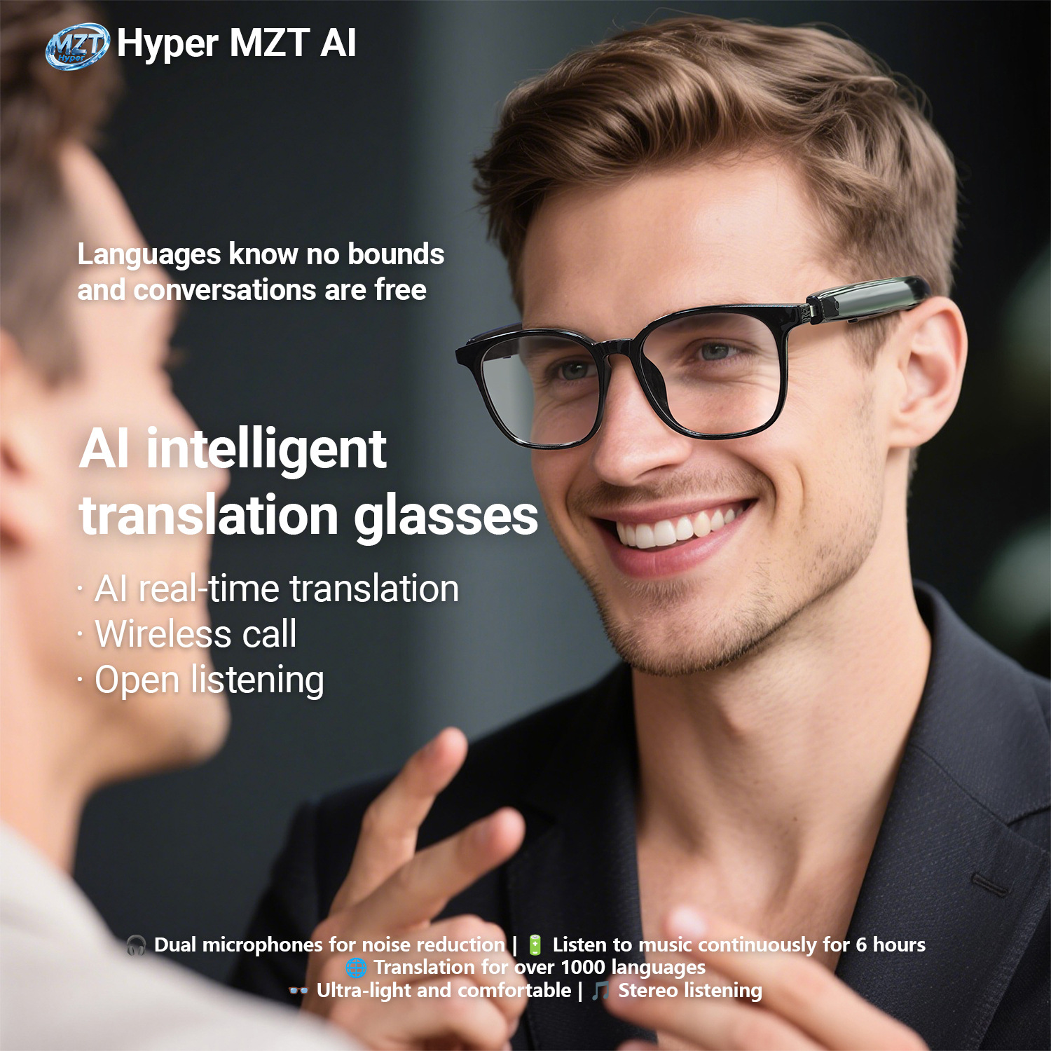 Nouvelles lunettes Bluetooth de traduction AI traduction en temps réel plus de 100 langues cadres intelligents pour les appels et l'écoute de mus