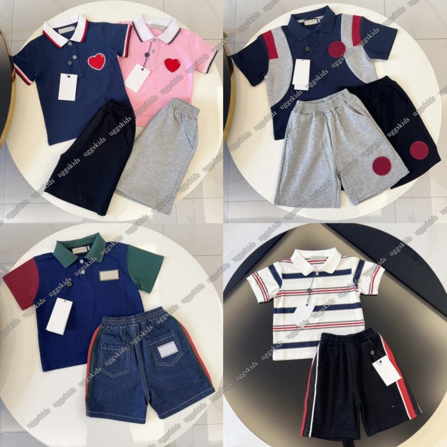 Designer kids clothing set Polo shirt shorts set Boys girls clothes baby Children pink blue black grey two piece set size 90-150 72g4#-image-1090687444