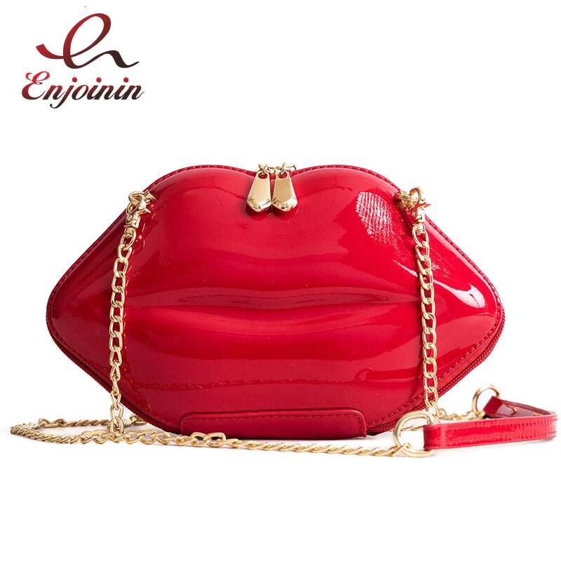 Bestseller Patent Leather Fashion Sexy Red Lips Design Zipper Chain Pouch Shoulder Ladies Handbag Crossbody Mini Messenger Bag Flap ddmysheep
