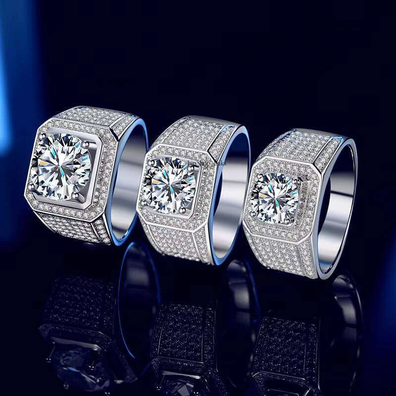 Hip-Hop Luxury 2 CT VVS D Color Full VVS Moissanite Carbon Silicon Stone Men's Wedding Ring Solid S925 Sterling Silver Fine Jewelry with Gra