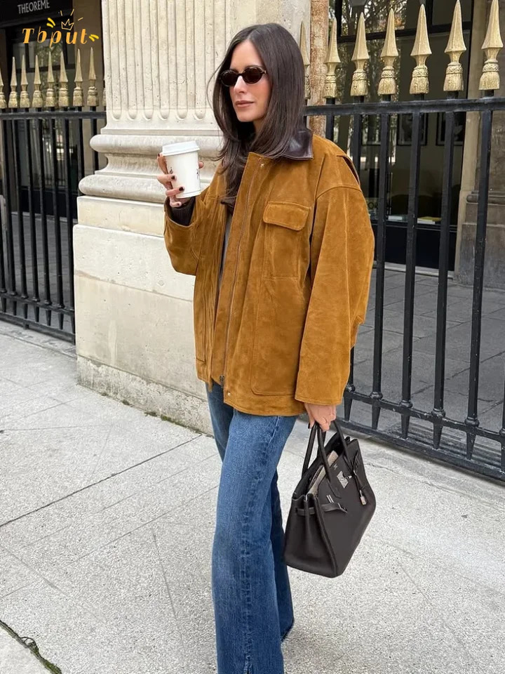 Lapel Cropped Suede Short Jacket Women Solid Long Sleeves Dropped Shoulder Zipper Loose Coat Female Retro Daily Street Outerwear 251230