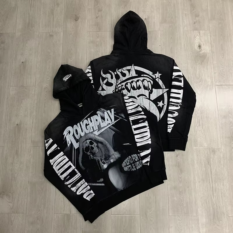 Hip Hop Print Vintage Washed Black Hoodie Hooded Men Women Cotton Flash Diamond Pullover Tags