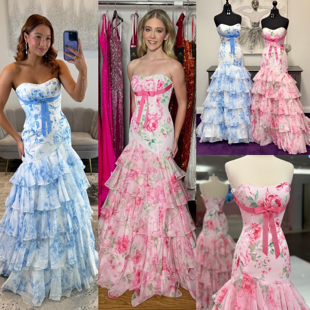Robe de bal à imprimé floral, nœud pervenche rose, multi-volants, en mousseline de soie, sirène, soirée formelle, concours de beauté, gala, tapis