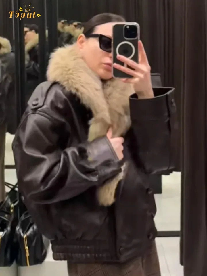 Vintage Fur Collar Leather Jacket Women Lapel V-neck Full Sleeve Double Breasted Bomber Jackets Lady Winter High Street Outwear 251231BJ
