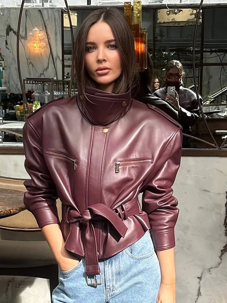 Solid Burgundy Waist Cinching Jacket Women Fashion Lace Up Stand Collar Zipper Bucket Short Jackets Lady High Street Coat 251231BJ