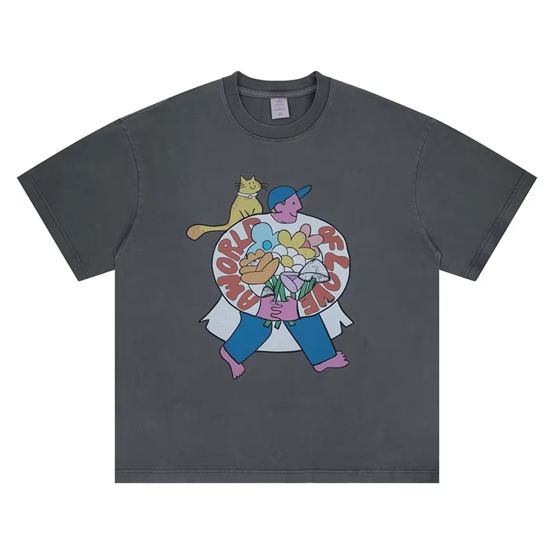Casual Cartoon Graphics Print T-Shirt Men Women Top Quality Cotton Oversized Tee Tops Vintage Washed Gray T Shirt