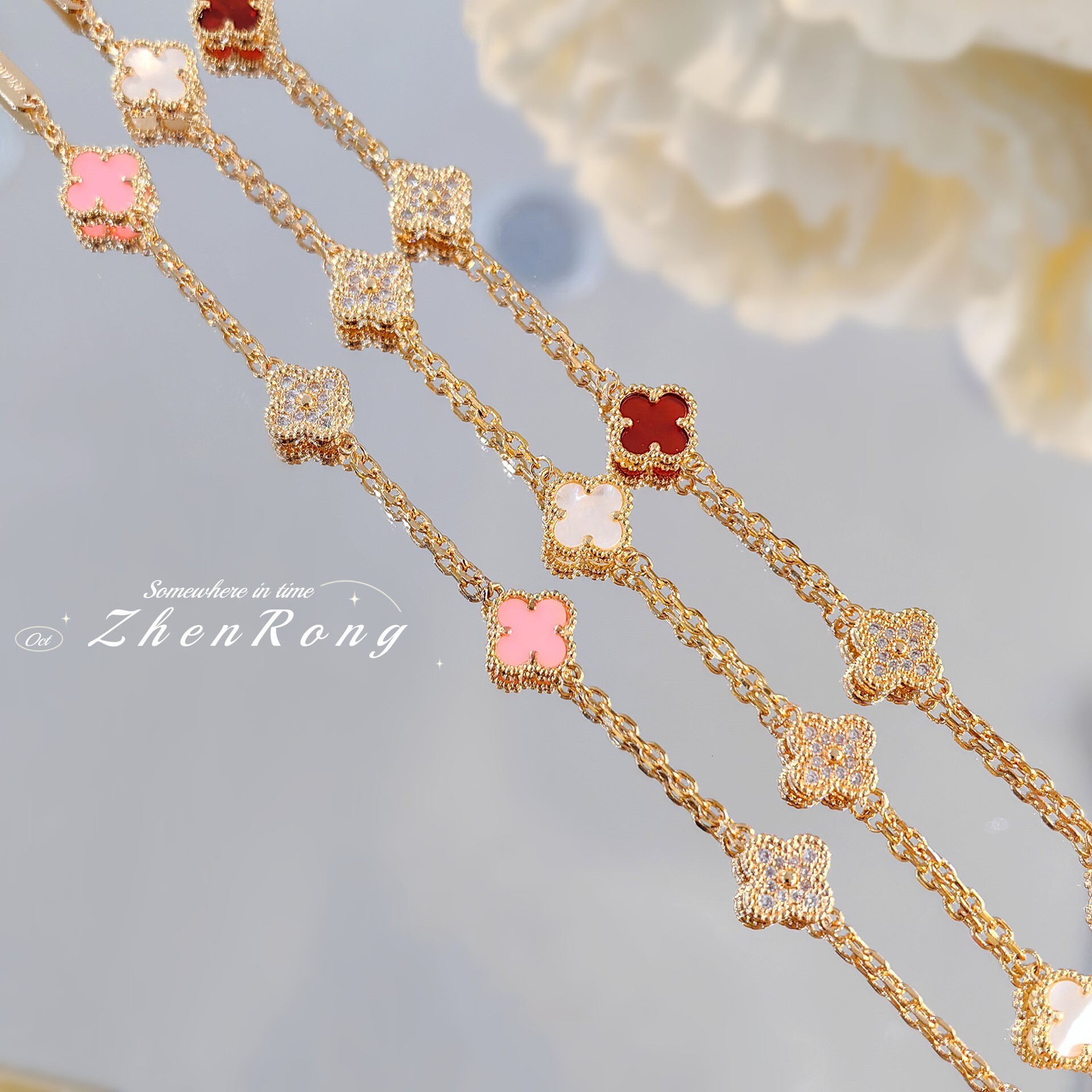 High Version Fanjia Mini Four-Leaf Clover Red Agate Bracelet V Gold Pink Quartz Interlayer Diamond Lucky Clover White Mother-Of-Pearl Bracelet For W