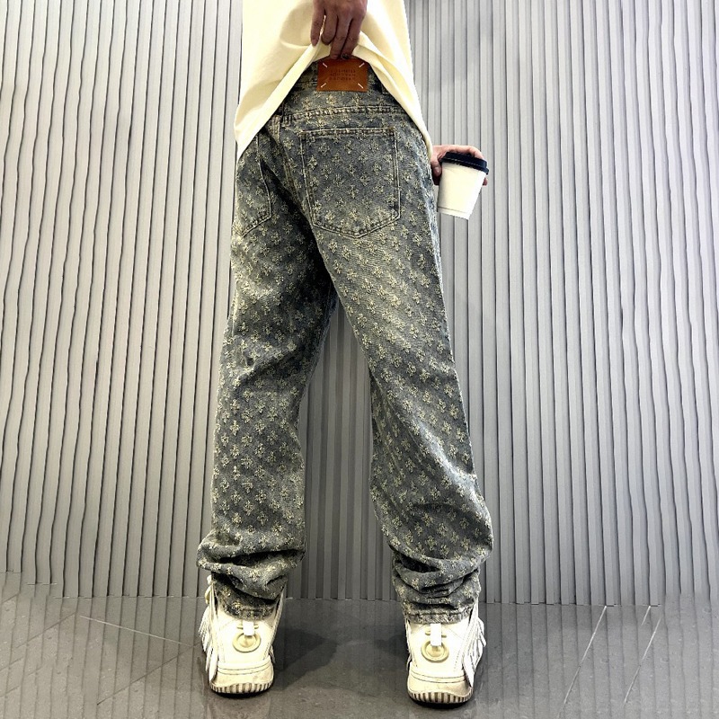 Free Shipping 2026 Jacquard Full Print High Street Jeans Loose Straight Leg Washed Wide Pants Trendy Streetwear Design Denim Trousers