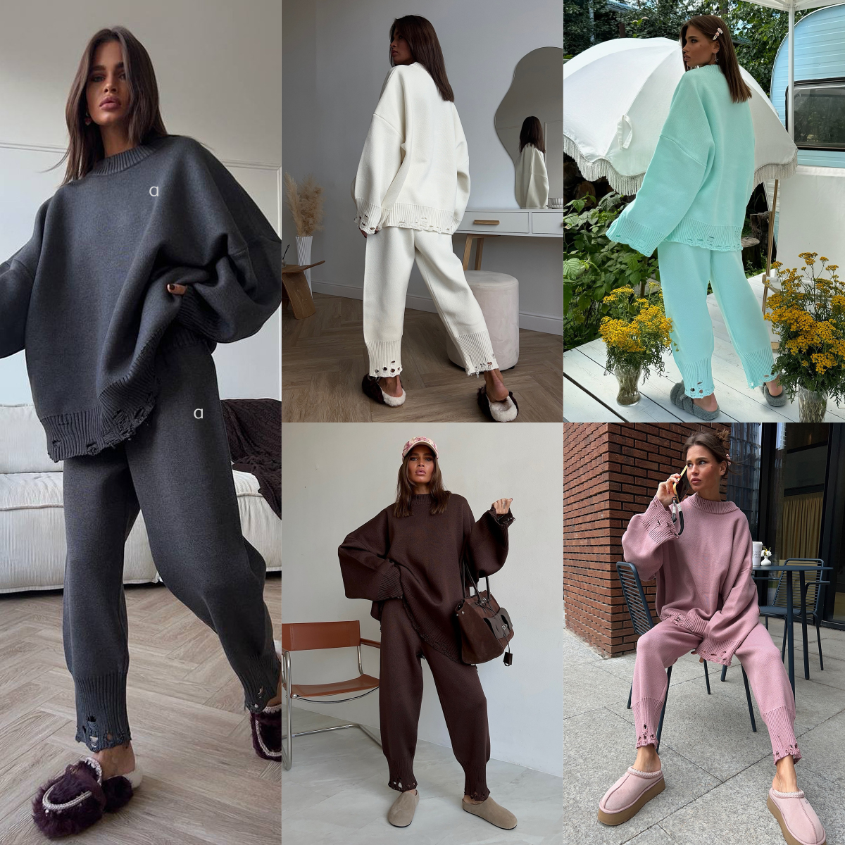 A1710 Tenue d'hiver avec logo 3D pour femme - Tricots assortis - Look jean slim - Leggings avec col haut - Cardigan à col rond - Ensemble de yoga