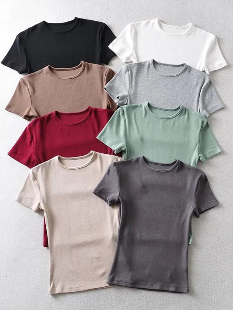 Casual Summer Woman Skinny Fit T-shirt Tight Short-Sleeve O-neck Tee Basic Solid Crop Tops T Shirt 250104