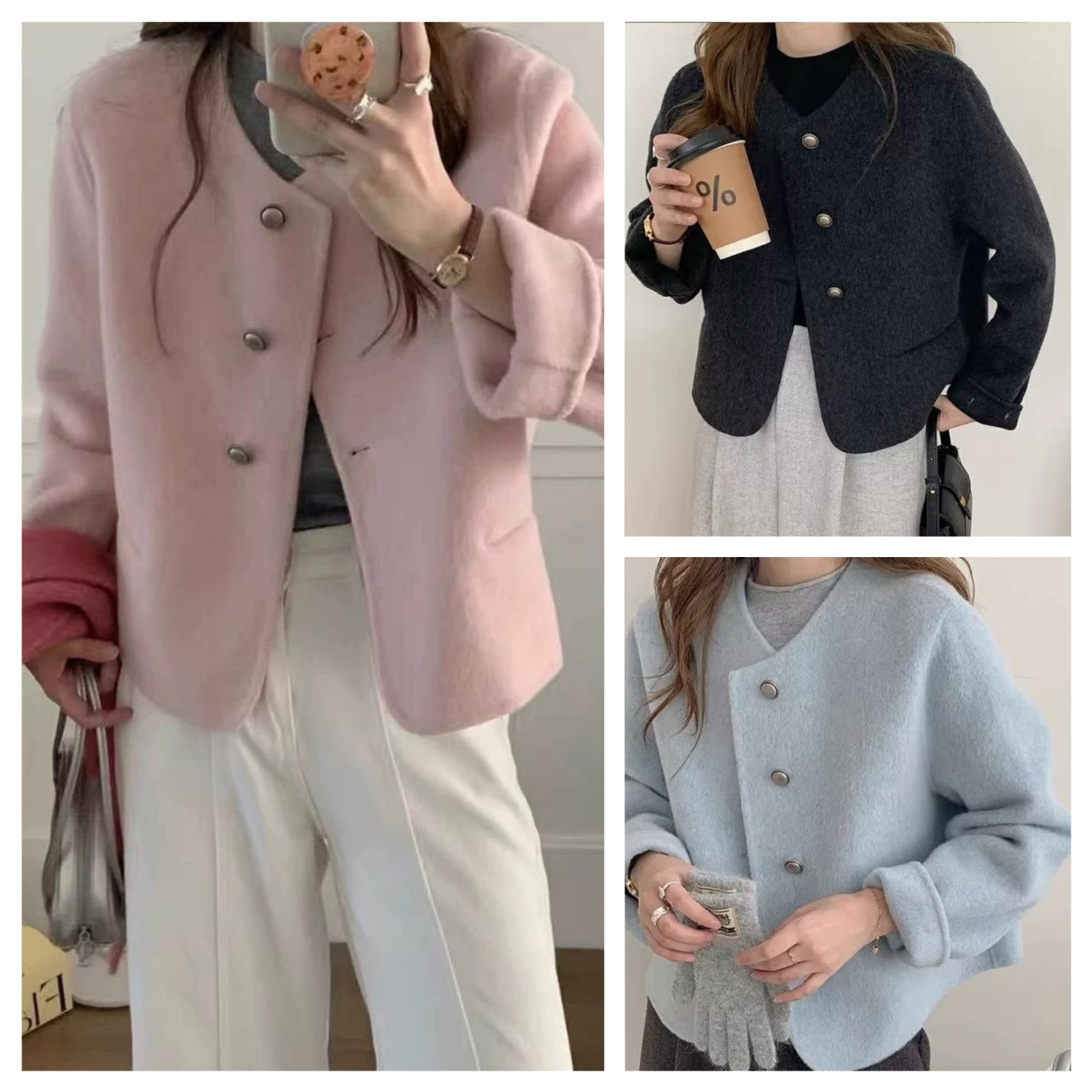 Manteau court bloqué de couleur macaron en cachemire double face élégant de grande taille pour les femmes col rond veste en peau de mouton à col
