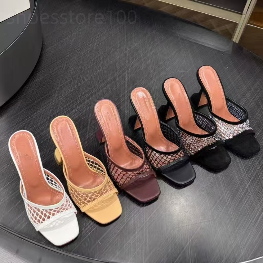 Top quality new Mesh crystal Slippers Slides Sandals Pumps chunky block heels women's luxury designers Leather outsole rhinestone Evening Pa