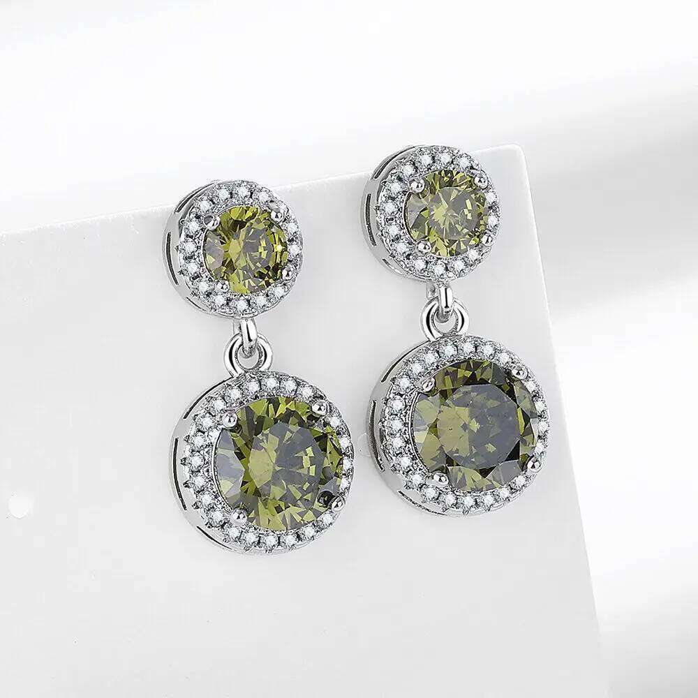 925 Sterling Silver Double Round Olive Green Zircons Earrings Ladies Fashion Simple Birthday Party Wedding Jewelry Gift 840bb