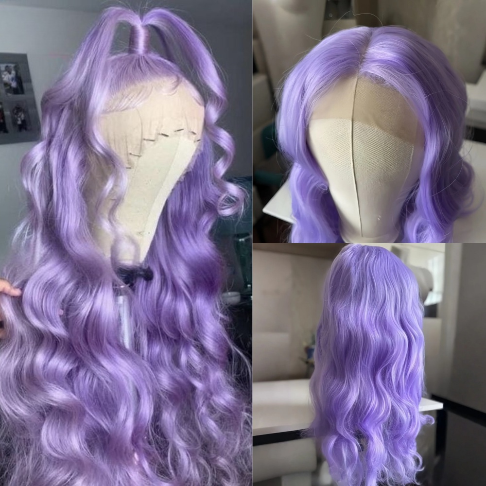 Body Wave Human Hair Wigs 13x4 HD Lace Frontal Brazilian Hair Wig Lavender Purple Colored Natural Wave 360 Full Lace Front Glueless Wig For Women Cosplay Party 42$