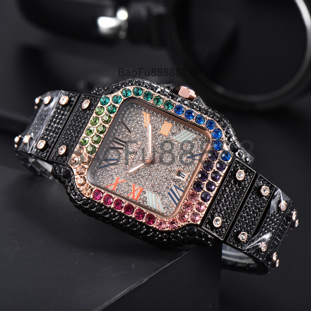 Newly 2026 Black Pink Wristwatch Luxury Square Dial Watches for Men Date Steel Strap Daily Business Designer Diamond Watch Fashion Male Clocks for G