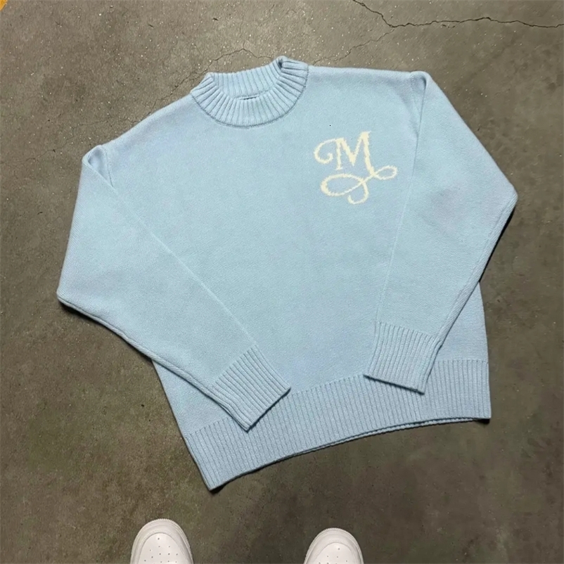 Y2K Retro Long Sleeve Sweater Signature M Pattern Pullover Men Fashion High Street Casual Streetwear Boxy Knitted Top 260104