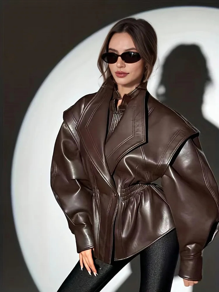 Fall Winter High Street Warm Brown Zipper Pu Leather Jacket Women Casual Lapel Elastic Waist Cinching Coat Outwear Clothes 251231BJ