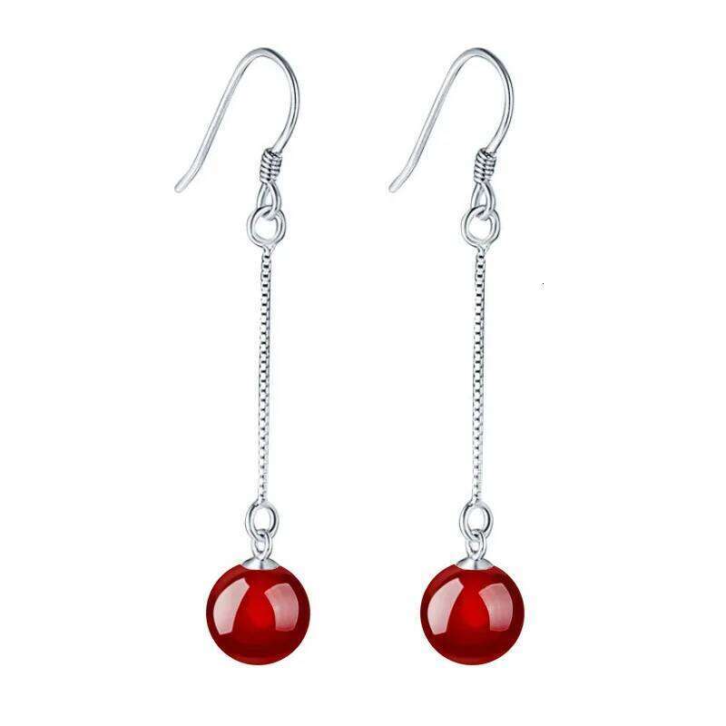 925 Sterling Silver Long Chain Black and Red Agate Earring Ladies Fashion Simple Birthday Party Anniversary Jewelry Gift 705c1