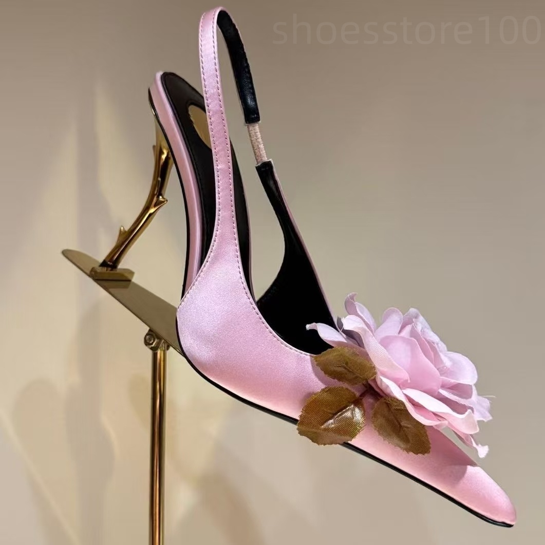 Femmes de luxe bout pointu rose chaussures de fête Slingbacks 105mm bouts pointus satin fleurs décoration chaussures de robe de mariée femmes san