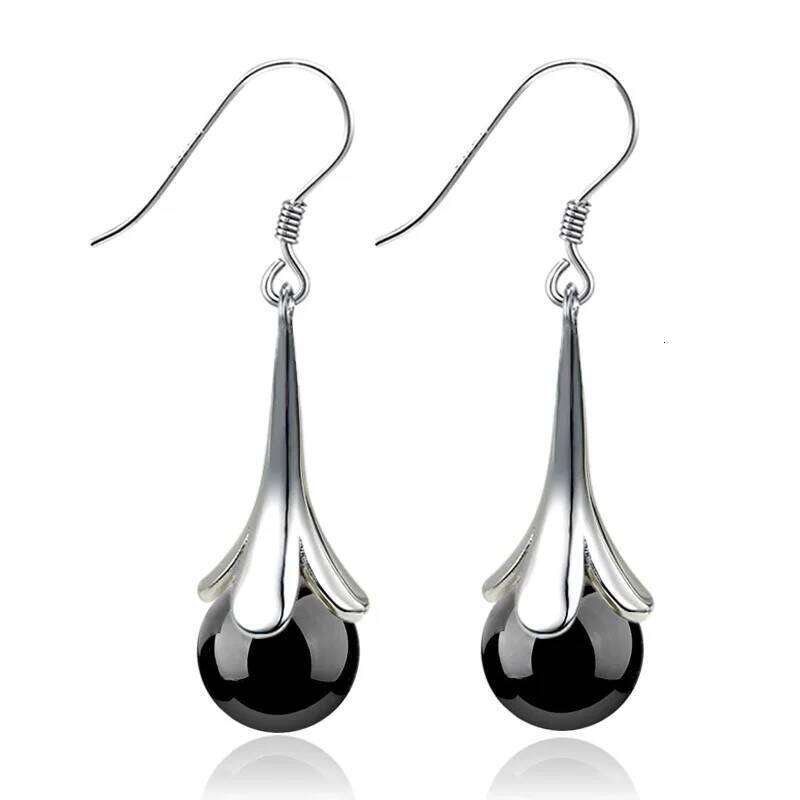 925 Sterling Silver Flower Black Red Agate Earring Ladies Fashion Simple Birthday Party Wedding Anniversary Jewelry Gift 09b6f