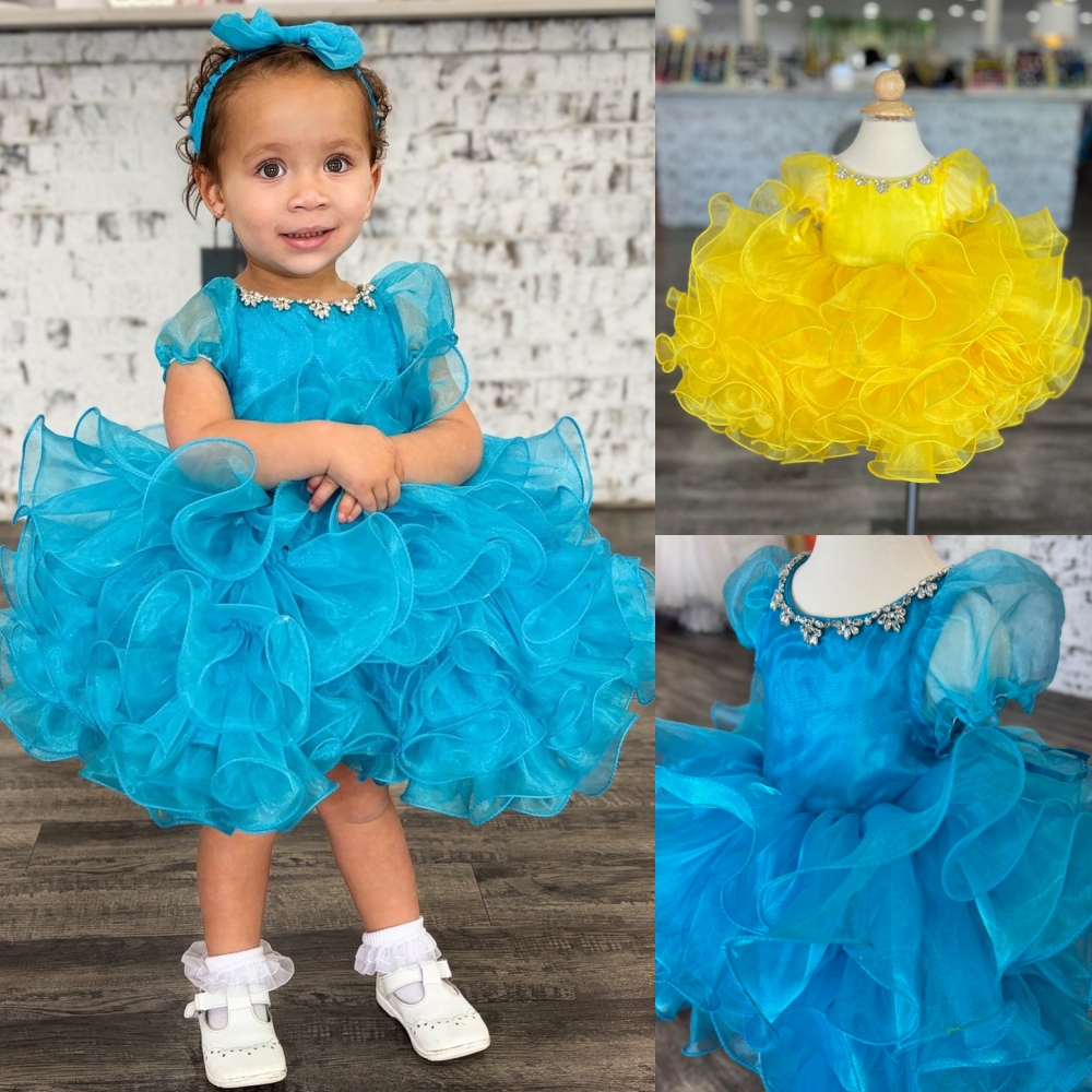 Robe courte de concours de beauté pour jeune fille, manches transparentes, volants en strass, organza jaune, petits paillettes, robe de soirée co