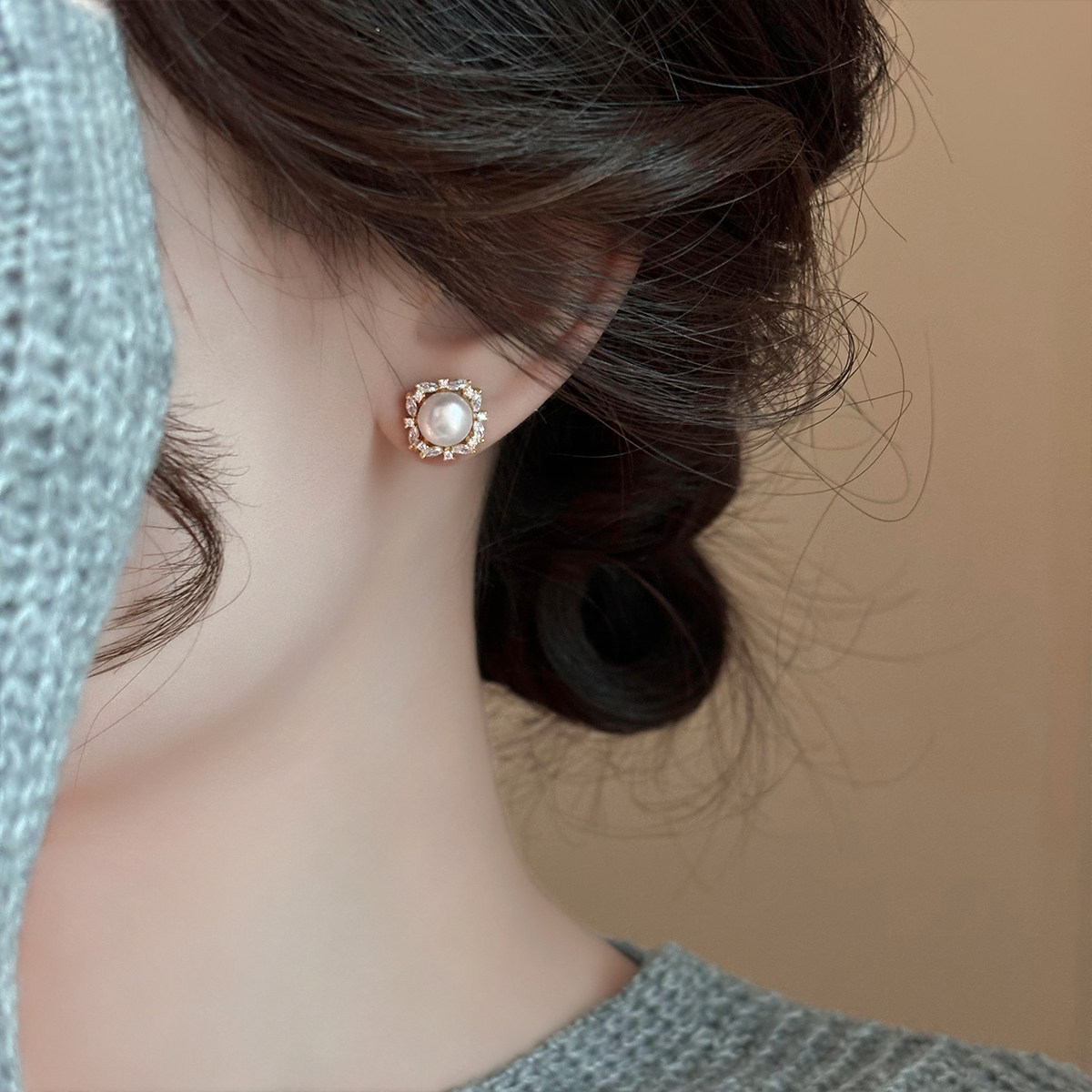 14K Real Gold Plated Silver Needle Round Zircon Pearl Stud Exquisite Trendy Light Luxury High-end Feel Earrings for Women-image-1090774864
