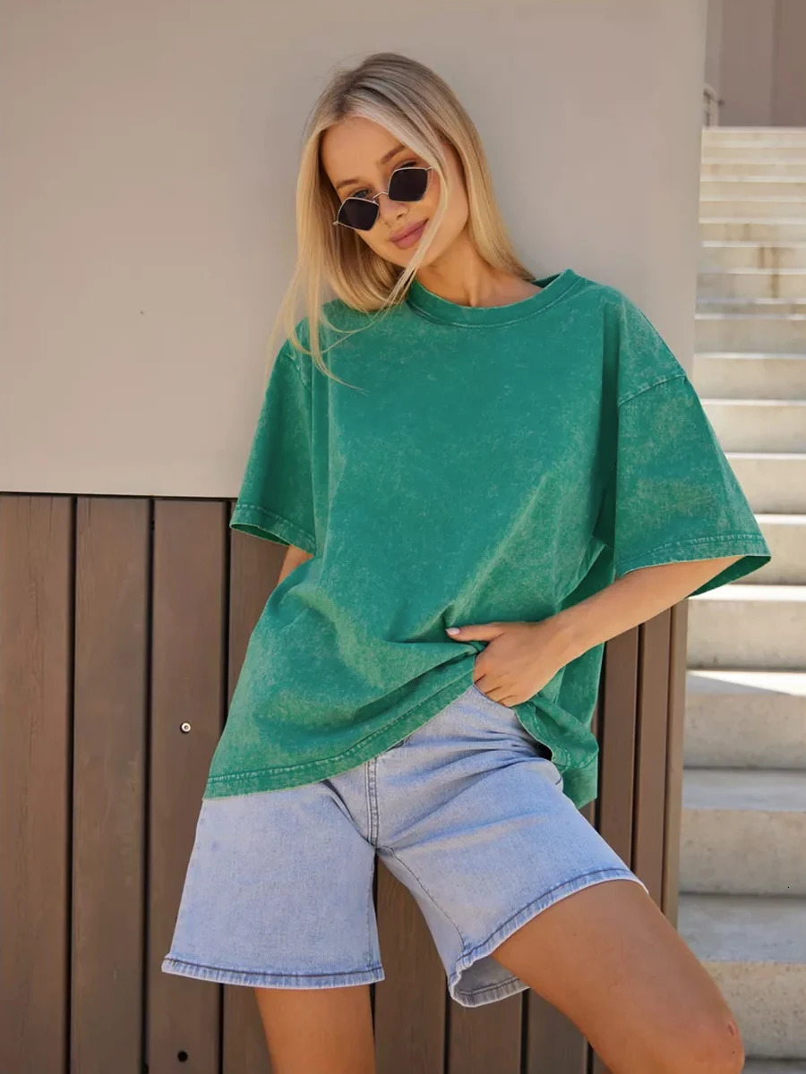 Fashion Women Cotton Solid Washed T-shirts Loose O-Neck Tee Shirts Street Casual Comfortable Short Sleeve Tops Female Clothes 250104